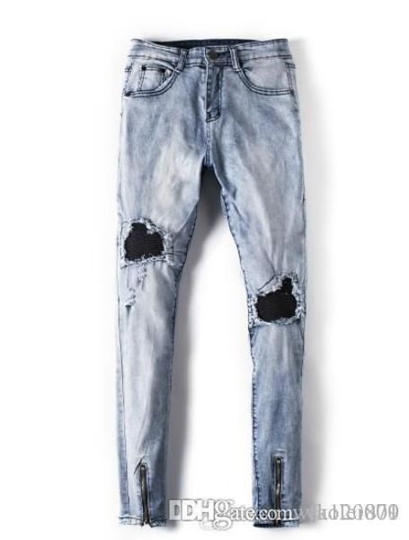 

wholesale-fashion mens straight slim fit biker jeans pants distressed skinny ripped destroyed denim jeans washed hiphop trousers, Blue