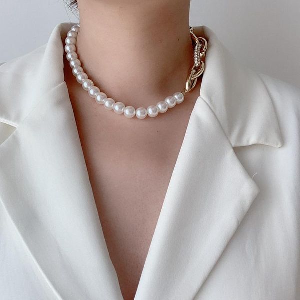 

women white pearl choker necklace beaded pearl metal short necklace fashion jewelry gift for love friend, Golden;silver