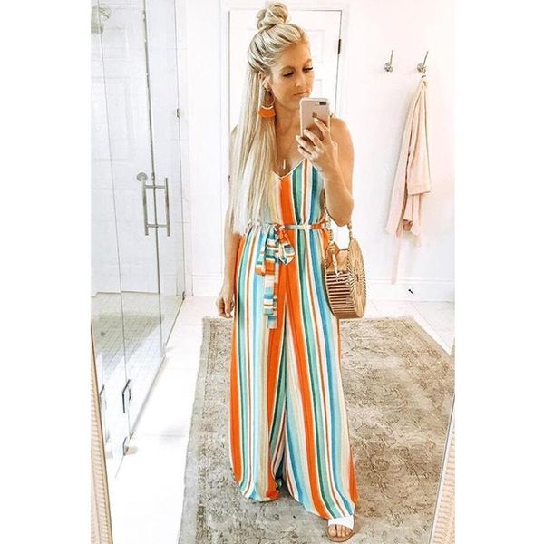 

women summer jumpsuits one piece colorful rainbow striped straight pants spaghetti rompers sashes jumpsuit, Black;white