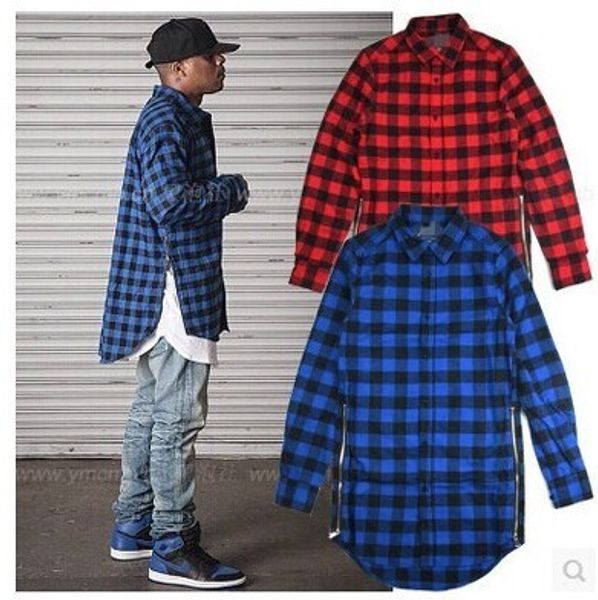 

fashion men plaid zipper long sleeve shirt hip hop extended oversized tartan flannel designer brand shirt for men, White;black