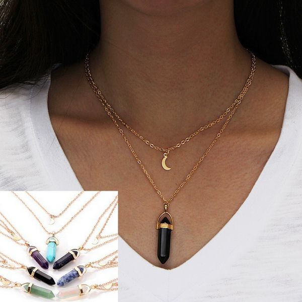Doppelschichtige Naturstein-Anhänger-Halskette für Damen, Mond, kurze Halskette, Schmuck, Accessoires, Geschenk, Großhandel, mehrfarbig