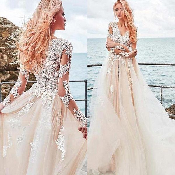 

vintage summer a-line wedding dresses lace applique sheer long sleeve v neck vestios de novia bohemian bridal gowns, White
