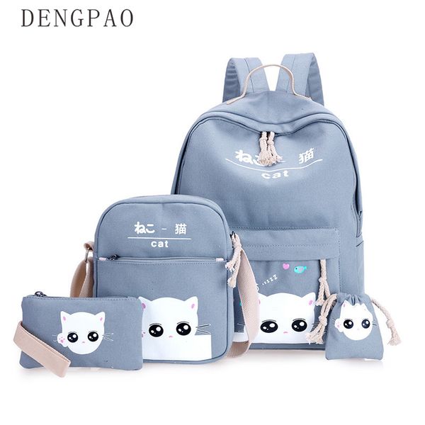 

dengpao 4pcs/set lapschool backpacks for girls boys teenagers female bagpack sac a dos femme cute cat canvas satchel child