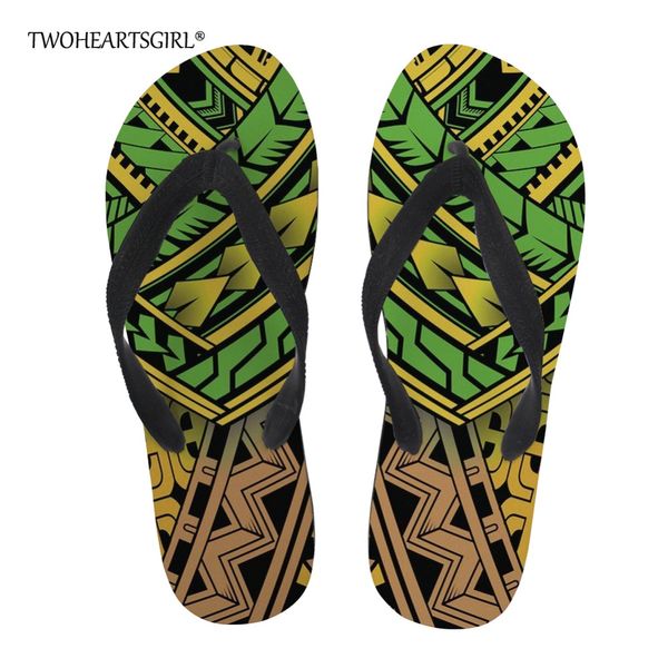

twoheartsgirl polynesian style flip flops for women anti-skid female ladies summer beach slippers personalized flat flipflops, Black