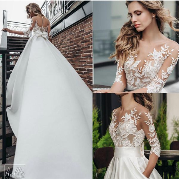 Discount 2020 Beach Satin Wedding Dresses Sheer Neck 3 4 Long