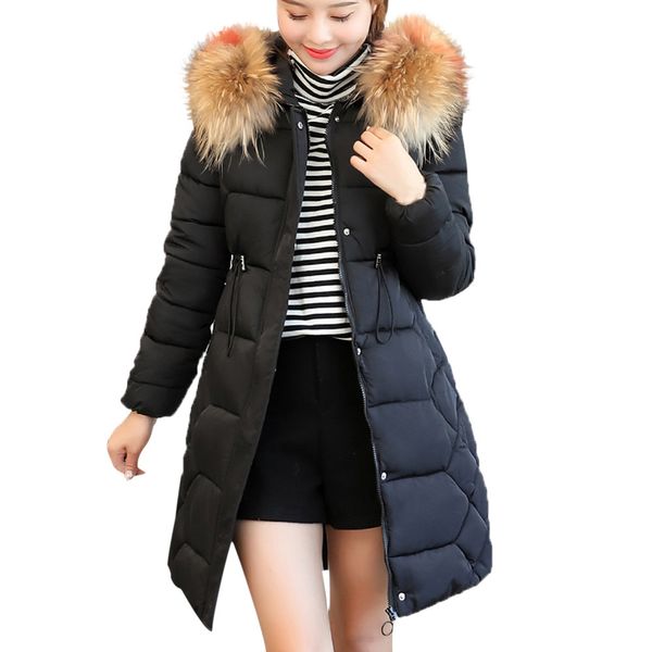 

2018 women hooded coat fashion womens solid outwear warm long thick fur cotton parka slim jacket coat parkas casaco feminino, Black
