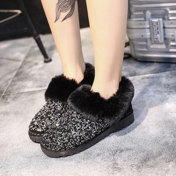 

winter flat shoes sequined cloth women ankle boot warm plush inside ankle boot round toe antiskid black khaki snow boots u11-17