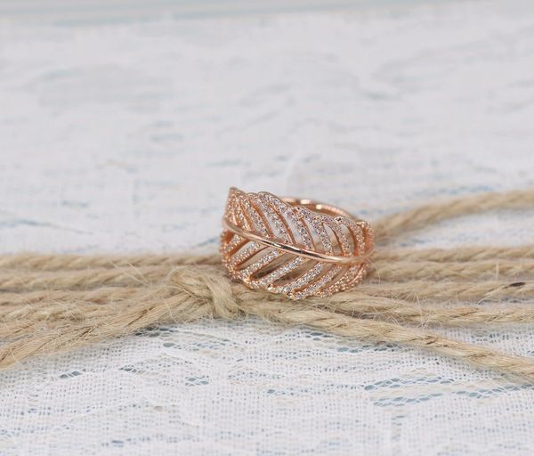 

wholesale-rose gold feather rings original silver fits for pandora style jewelry 180886cz h8ale h8