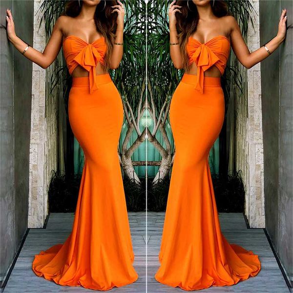 

women off shoulder bandage crop mermaid long maxi skirt set orange bow, White