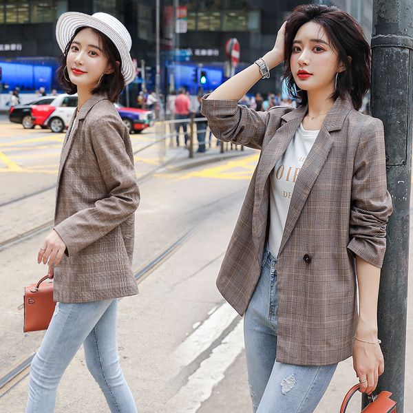 

chic plaid small suit 2019 spring and autumn new british style retro casual suit female loose fashion coat tide, White;black