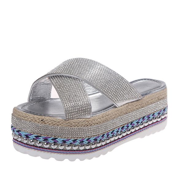 

2020 new summer outdoor ladies rhinestone slippers full diamond roman shoes female open-toed slippers flip flops linen, Black