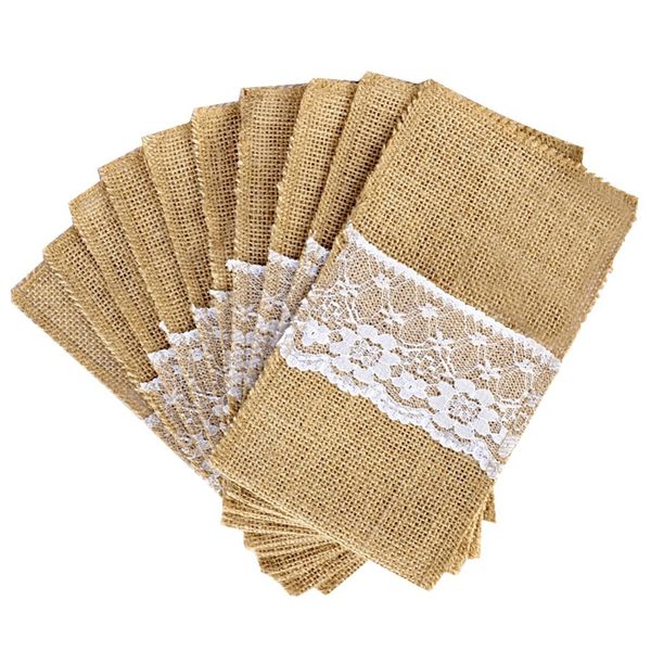 

eleg-100 jute burlap pouch lace bag wedding party home dinner tableware supplies