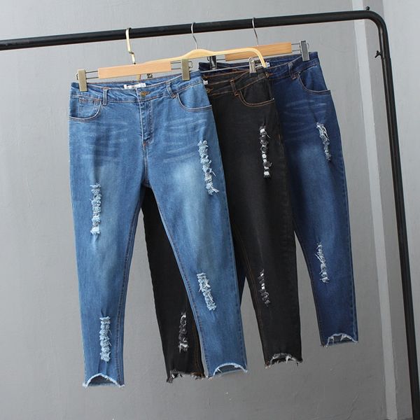 

women's jeans plus size 5xl high waist woman summer stretch hole ripped for women vintage denim pants pencil feminino c4303, Blue