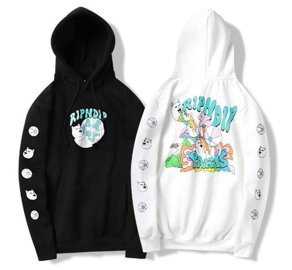 

mens fashion hoodie spit rainbow waterfall middle finger cat hooded plus velvet sweater couple same style pullover hooded sweater, Black