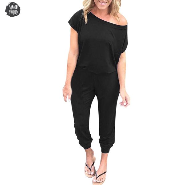 

solid women summer jumpsuit women pocket off shoulder short sleeve rompers long playsuit romper jumpsuit 2019 drop shipping, Black;white