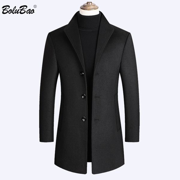 

bolubao casual brand men wool blends coats autumn winter new solid color luxurious men's wool coat male blends coat, Black