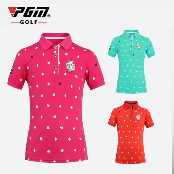 

pgm teenager girls golf t-shirt short sleeve printing collar shirt children breathable comfortable golf sportwears 51875, Black;blue