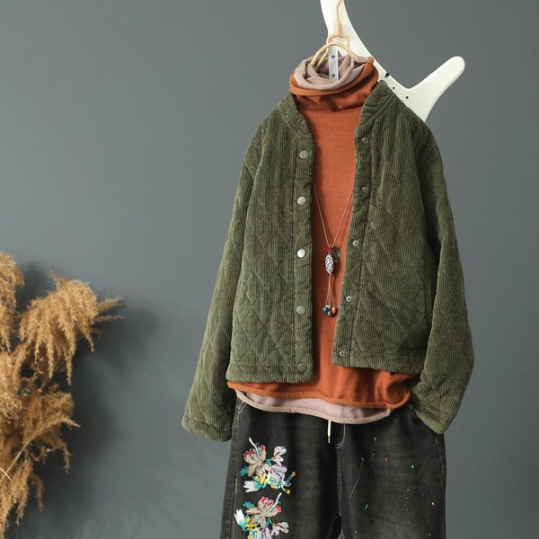 

retro women new corduroy stand collar females cotton loose womens solid color overcoat windbreaker art plus velvet lady parkas, Tan;black