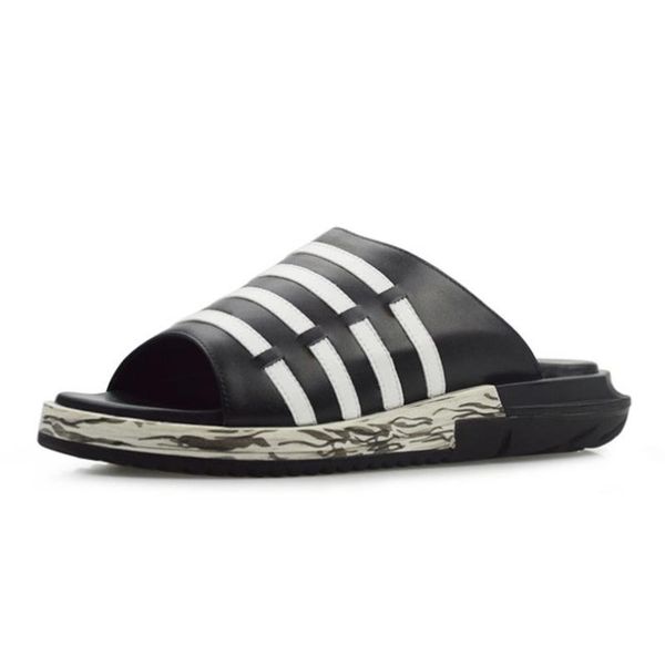 

men leather slippers men slippers summer beach shoes stripe peep-toe platform trend size 37-46, Black