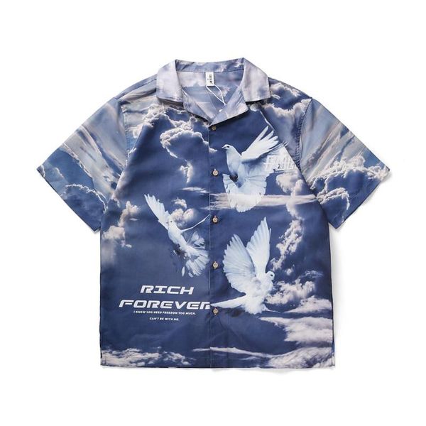 

camisa hombre men shirt 3d print button shirt short sleeve streetwear blue sky shirts hawaiian man summer casual male top, White;black