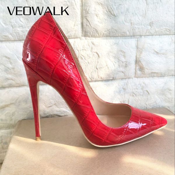

veowalk embossed crocodile pattern women red high heels pointed toe low cut ladies stilettos pumps party club/wedding shoes, Black