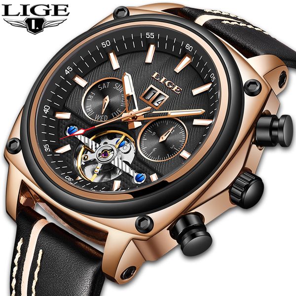 

lige automatic mechanical watch men leather waterproof sport watches mens business wristwatch relogio masculino, Slivery;brown