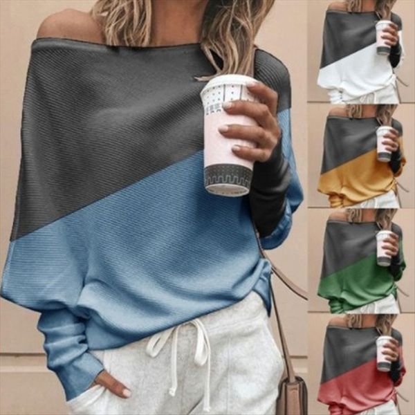 

2019 autumn contrast color long sleeve t-shirt loose stitching pit strip big round collar long sleeve t-shirt, White