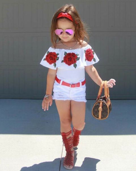 

2019cute baby girl kids floral shirts ripped denim shorts new baby girl clothes rose embroidery off shoulder shorts set, White