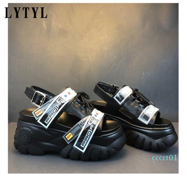 

summer chunky sandals women 8cm wedge high heels female buckle platform leather casual summer slippers woman sandal ct01, Black