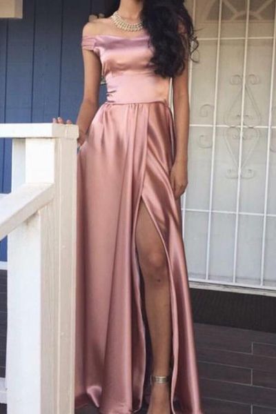 

high slit dusty rose bridesmaid prom evening dresses off the shoulder satin ruched long wedding party bridesmaid dress cheap, White;pink
