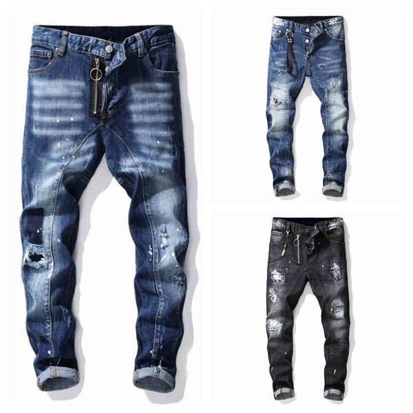 

mens distressed ripped jeans slim fit motorcycle biker hole denim hip hop mens denim skinny pants streetwear, Blue