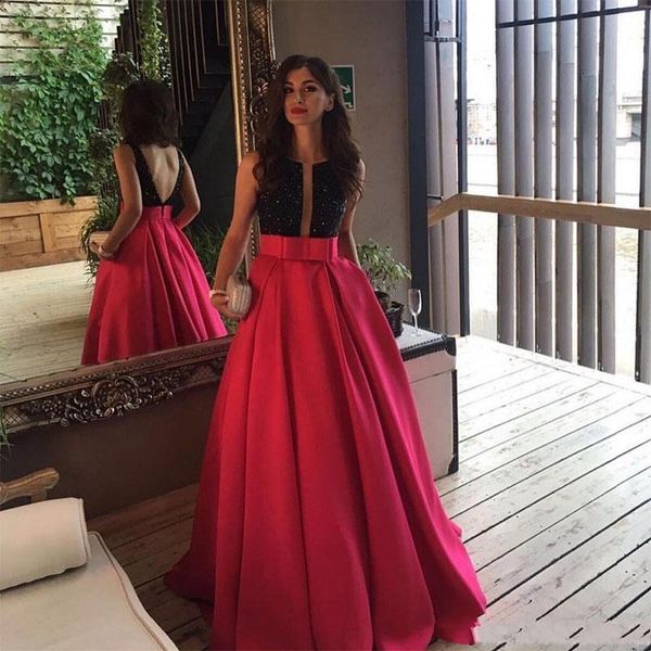 

2019 new open back fuchsia long evening prom dresses arabic formal dress black beaded vestido de gala custom special occasion evening gowns