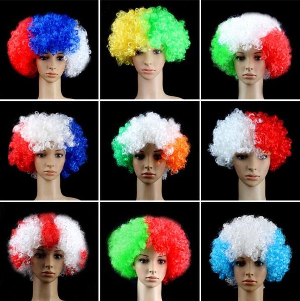 WM-Flagge, Farben, Fußball, Fußballfans, Regenbogen, Cosplay, Clown, Arfo, wilde Locken, Perücken, Festival, Halloween, Karneval, Tanzparty, Perücke im Großhandel