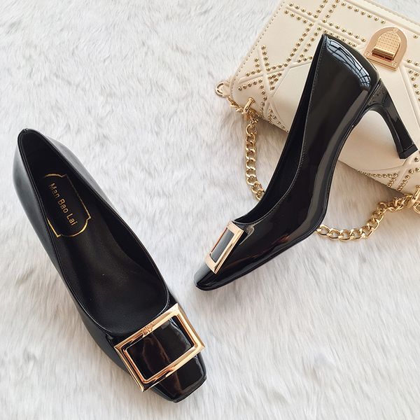 

brand pumps ladies square toe pig mouth mules italian sheep leather high heel loafers female shoes modis square buckle stilettos, Black