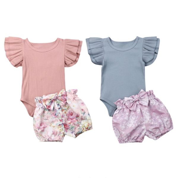 

2pcs newborn infant baby girls clothes set ruffles fly sleeve+floral shorts outfits suit cotton casual summer baby clothing, White