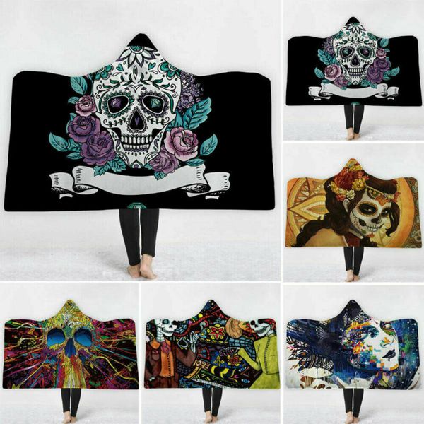 

2020 3d skull printing hooded blanket plush wearable soft warm hoodie cloak blanket