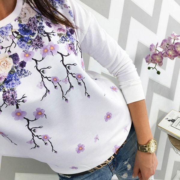 

fashion women loose t-shirt long sleeve flower letter print casual o-neck t-shirt, White