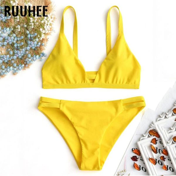 

ruuhee 2020 solid bikini set women swimsuit push up bikini hollow out swimwear brazilian bathing suit beachware female biquini