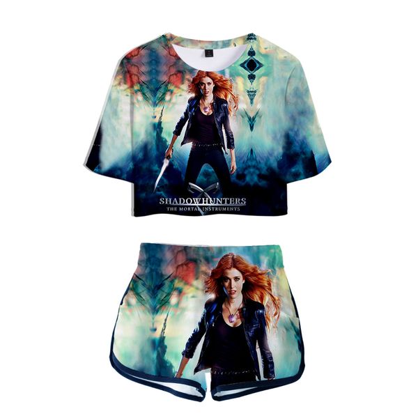 

2019 shadowhunters 3d printed women two piece set fashion summer short sleeve crop shorts trendy streetwear clothes, White