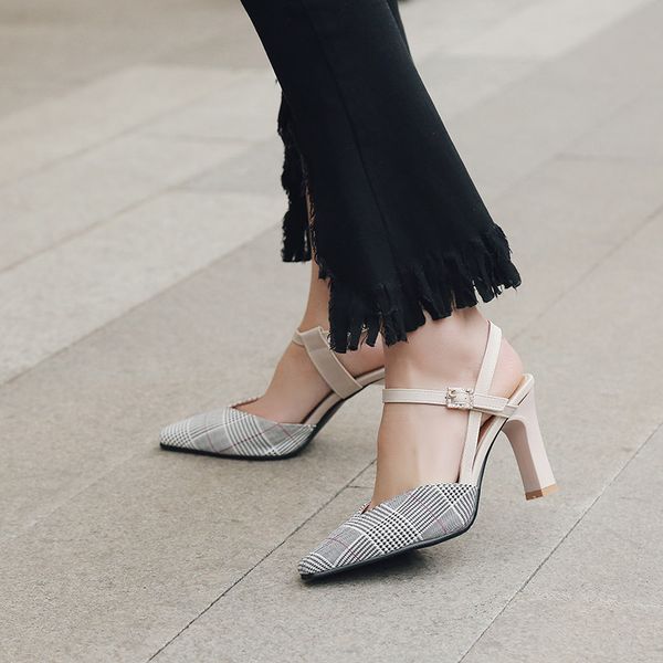 

ymechic summer 2019 heels plaid yellow green beige mary jane slingbacks women high heel office ladies shoes plus size, Black