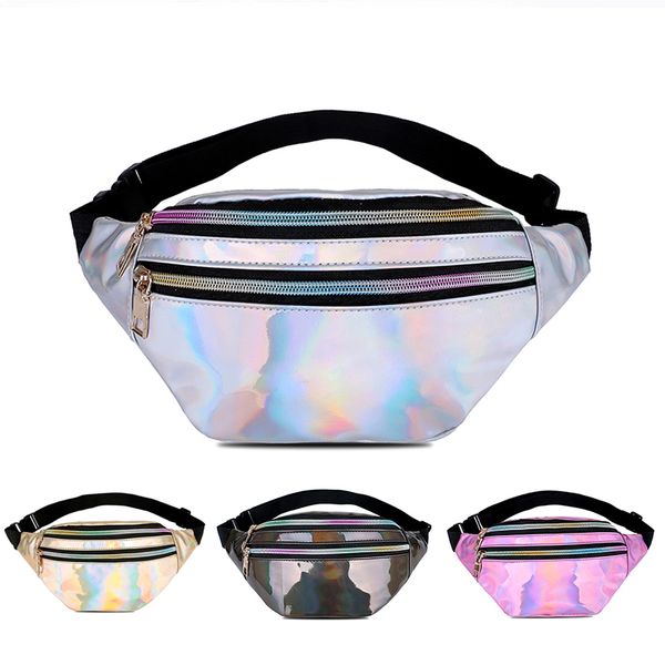 

holographic fanny pack women silver laser bum bag travel shiny waist bags fashion girls pink leather hologram hip bag