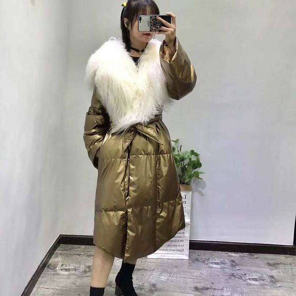 

x-long 90% white duck down jacket women coat winter 2019 new fashion parka pink coats with oversize mongolia sheep fur collar, Black