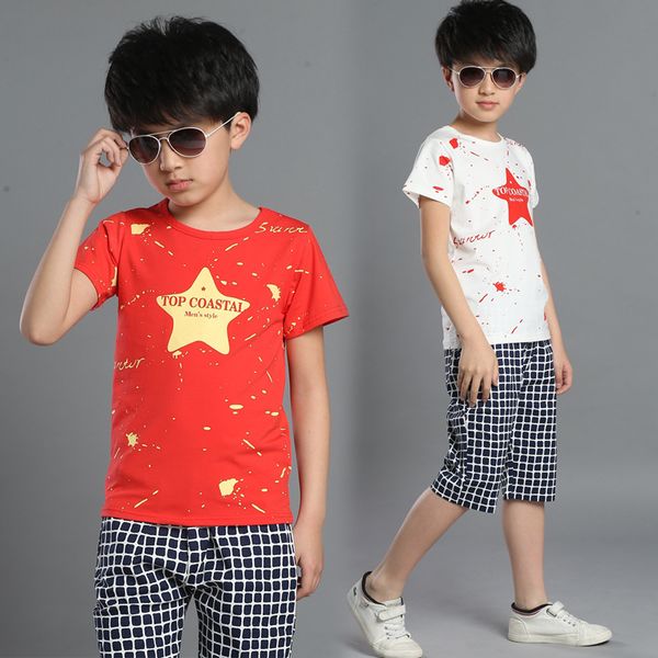 

children summer new star suite kids sports wear cotton short sleeved t shirt +pants suit 2pc boys girl sets 4-14 ages, White