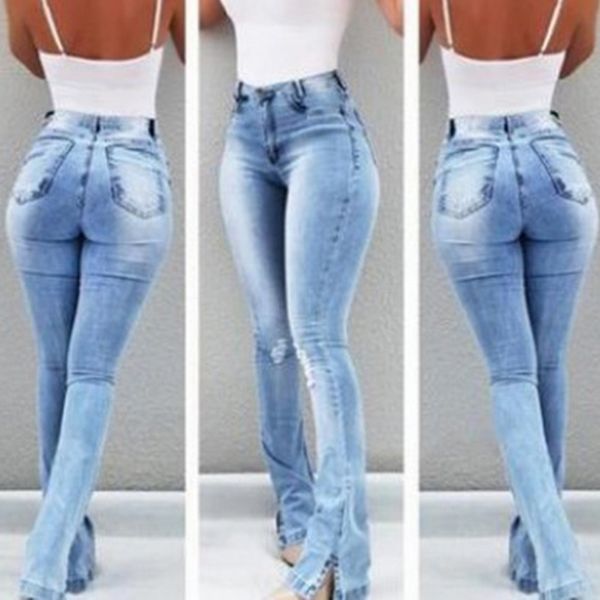 

oeak 2019 women's jeans casual slim stretchy denim waist jeans oversized long flare pants light blue women trousers dropshipping