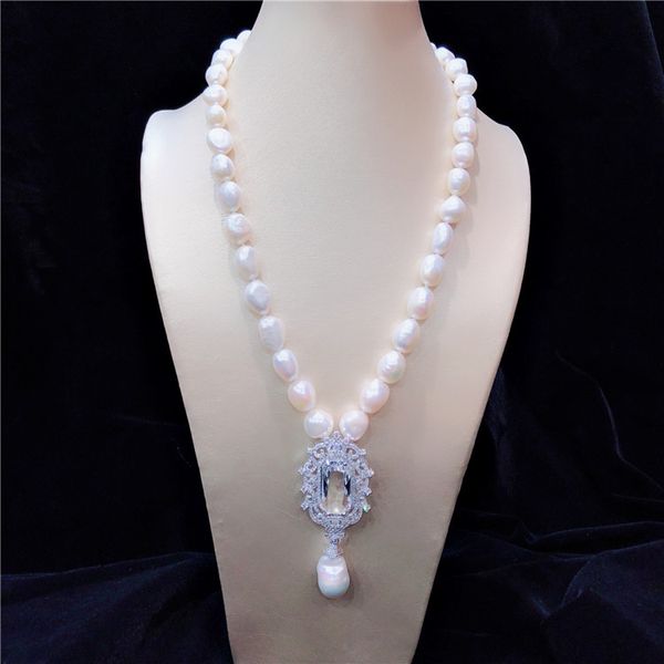 

hand knotted 10-11mm baroque white freshwater cultured pearl micro inlay zircon accessories pendant sweater necklace long 48cm, Silver