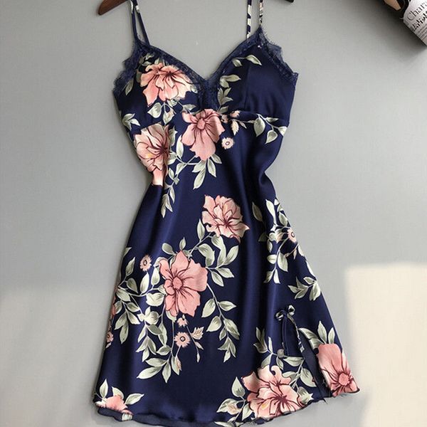 

womens lace floral print nightdress silk feel sleeveless nightie sleepwear nightdress short mini sleepwear dresses, Black;red