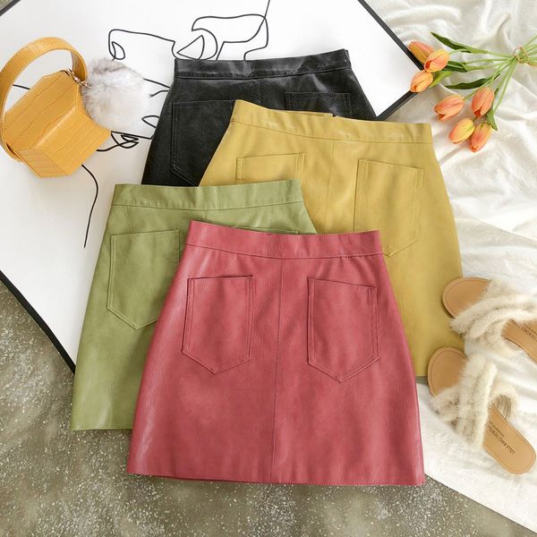 

new autumn skirt for women vintage pu bag hip skirts loose high waist skirts fashion irregular female school girl, Black