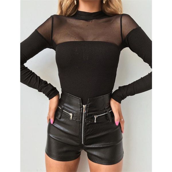 

ladies autumn solid black see-through romper stretch leotard jumpsuits bodysuits women spring long sleeve slim bodysuit, Black;white
