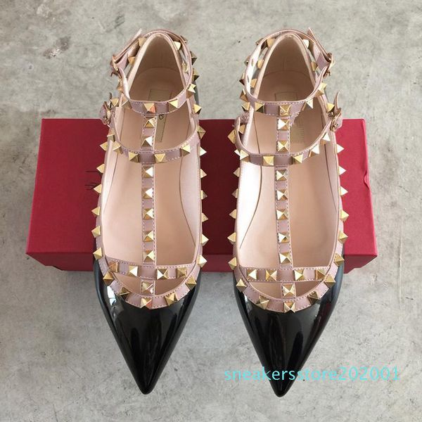 

brand women pumps wedding shoes woman flat nude fashion ankle straps rivets shoes flat sandals bridal shoes size 34-43 s001, Black