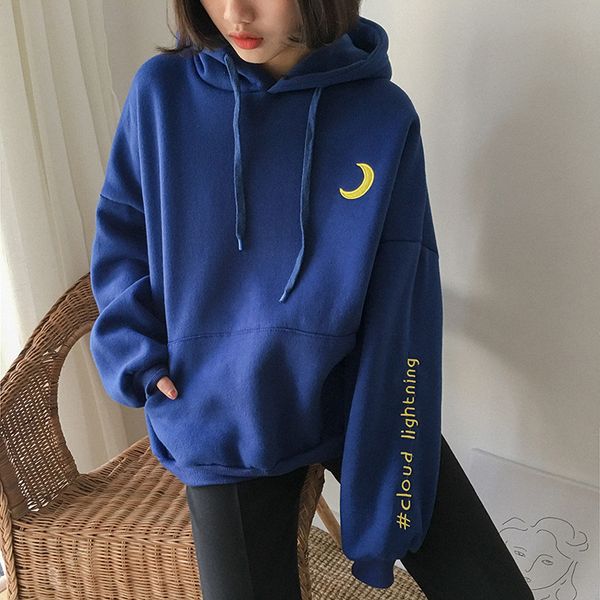 

2018 autumn and winter new style korean-style simple sun moon weather embroidered loose-fit versatile casual hoodie women's fash, Black
